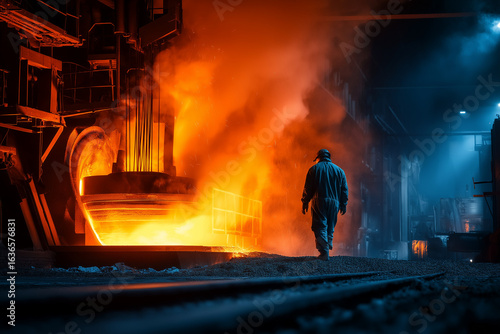 Wallpaper Mural Full body portrait of a steel factory worker in heat-resistant suit, standing near massive furnace, molten metal stream flowing, industrial background Torontodigital.ca