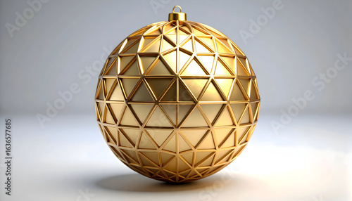 Glamorous Golden Christmas Ornament With Geometric Pattern Reflecting Light on Soft Background