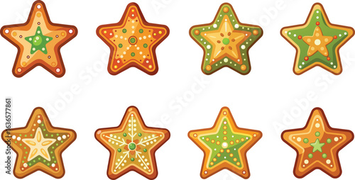 Star shaped Christmas gingerbread cookies decorated with icing of different designs