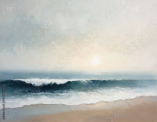 Abstract oil painting serene coastal seascape. Gentle ocean waves with white foam roll onto sandy beach under hazy sky with soft sun glow. Features calm, tranquil, minimalist aesthetic with neutral