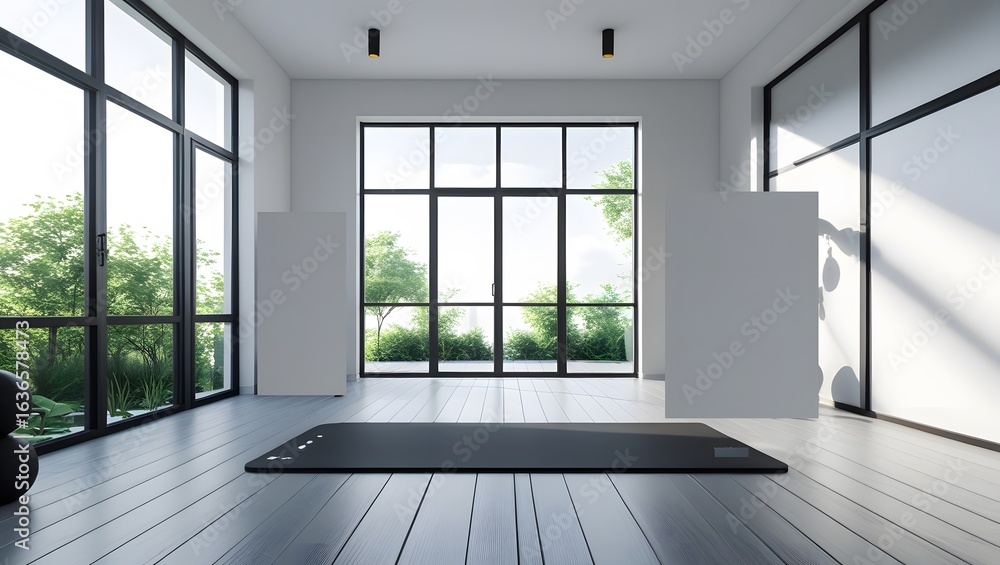 Fototapeta premium Stylish Virtual Home Workout Space – Clean Aesthetic, Gray & White Tones 