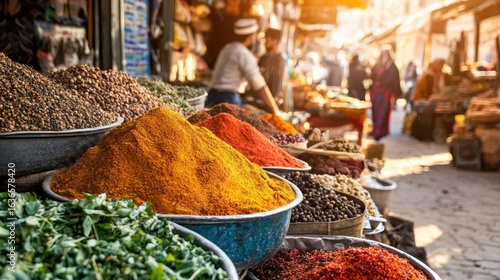 Fototapeta Naklejka Na Ścianę i Meble -  Bustling Middle Eastern spice market scene with locals bargaining over colorful spices and fresh herbs, sunlit textures and cultural vibrancy