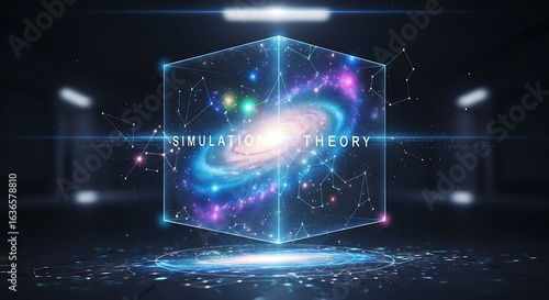 A vibrant spiral is contained within a glowing translucent cube, symbolizing the vastness of the cosmos and the concept of a simulated reality.
