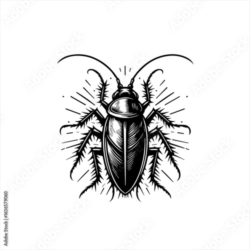 Detailed Black and White Cockroach Illustration.