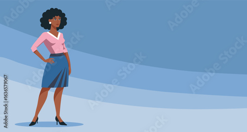 Businesswoman illustration with copy space. Young  businesswoman standing on blue background. Illustration.