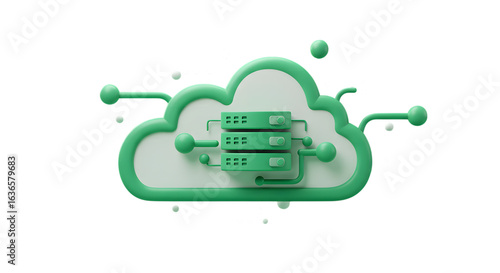 3d green cloud computing server technology isolated on transparent background