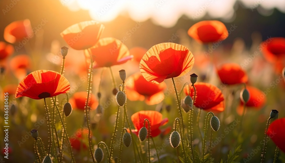 Fototapeta premium Golden Hour Poppies in Meadow Field