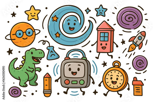 Cute doodle science,cartoon set with space, planets, moon, rocket, robot and dinosaur for kids education.Vector Illustration