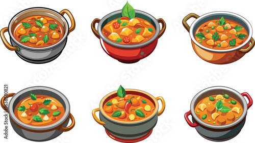 Colorful Cartoon Illustration of Various Styles of Indian Curry Dishes