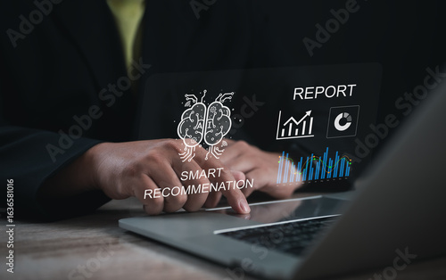 Professional using laptop with AI smart recommendation system and analytics dashboard, showcasing data insights, performance reports, and intelligent suggestions for strategic decision-making.