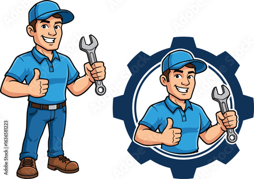 PrintFriendly cartoon mechanic holding wrench, smiling repairman character, maintenance service mascot, thumbs up technician, gear logo design included

