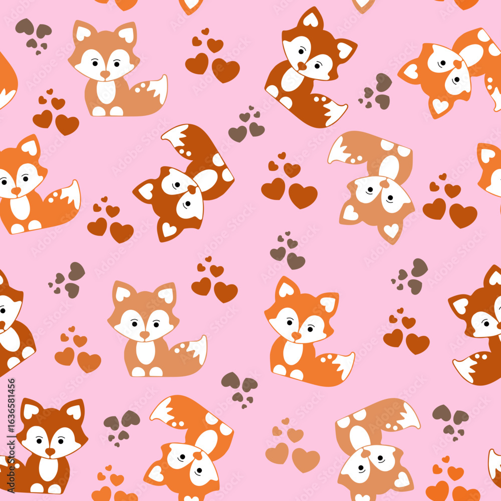 Fototapeta premium Seamless pattern of cute cartoon foxes with hearts and paw prints on a soft pastel pink background. Perfect for kids’ designs, fabrics, scrapbooking, and digital projects.