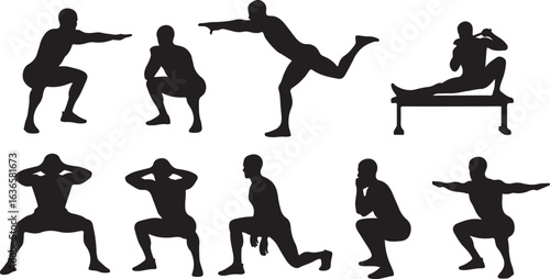 Silhouettes of people performing various fitness exercises on a white background workout