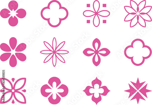 Assorted Set of Whimsical Pink Floral Designs Ornamental Accents Ranging in Style and Complexity Flowers in a Variety of Geometric Arrangements