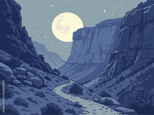 Giant Moon Illuminating Rocky Canyon – Fantasy Landscape Vector