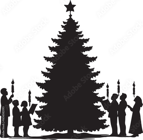 Silhouette of carolers singing around a christmas tree isolated on white background