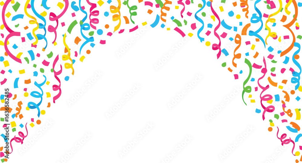 Fototapeta premium Festive archway of falling confetti and streamers for celebrations