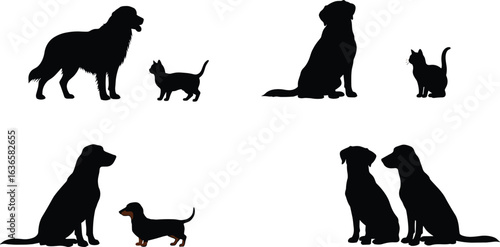 Dog and cat silhouettes, pet animal vector, sitting dogs, playful cats, dachshund, domestic pets, black silhouette, animal companionship illustration