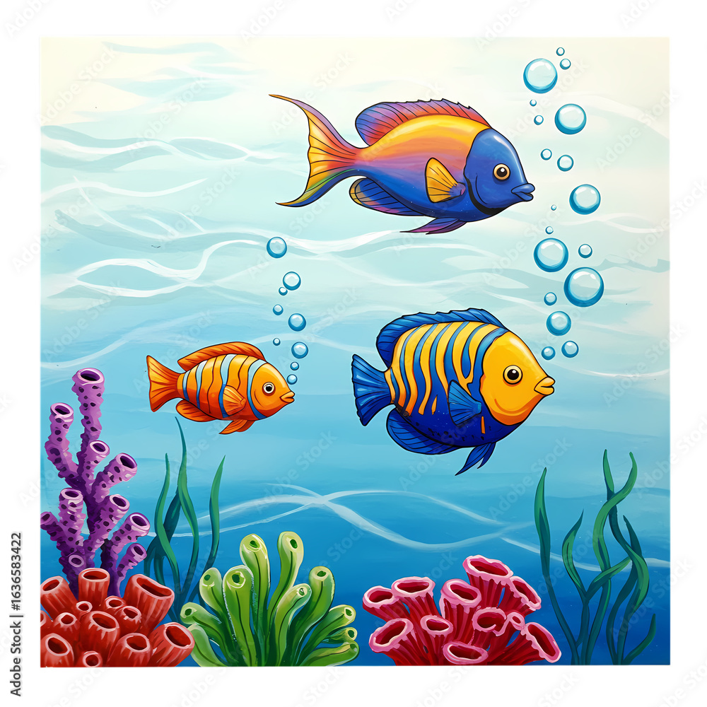 Naklejka premium Vibrant Tropical Fish Underwater Scene: Colorful Reef Life Painting
