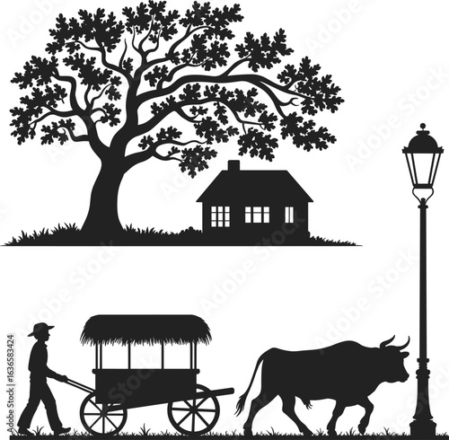PrintVillage scene silhouette, bullock cart vector, rural lifestyle clipart, tree house illustration, traditional farming, farmer, countryside, vintage streetlamp