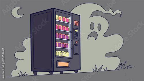 A spooky vending machine appears under a crescent moon guarded by a frightened ghost on a gloomy night