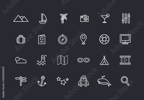 Collection of white minimalist icons representing various business and office functions on a dark background part 11
