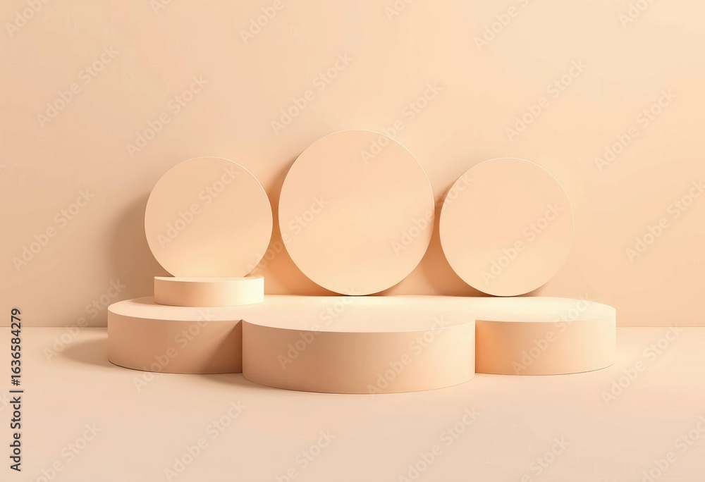 Fototapeta premium Three neutral beige circular podiums arranged in a flat lay, minimalist style, presentation, round