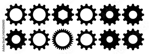 Collection of Black Silhouettes of Various Gears and Cogs wheel mechanical