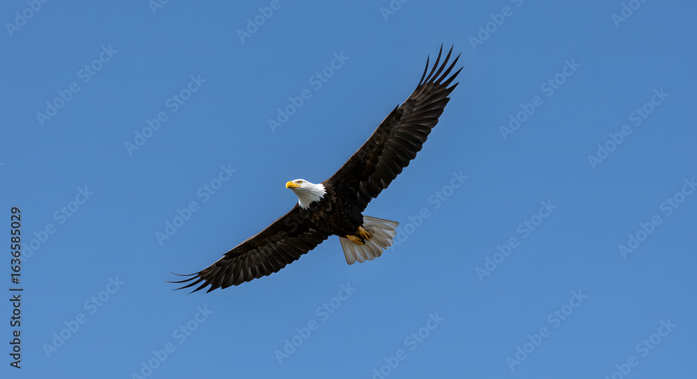 Naklejka premium Majestic bald eagle soars across a clear blue sky conveying freedom and power