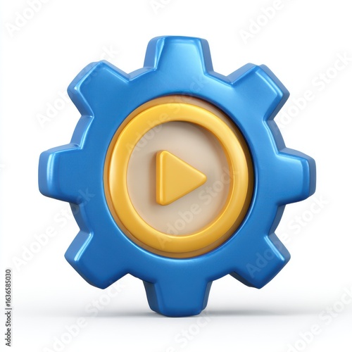 Blue gear with yellow play button and circular element