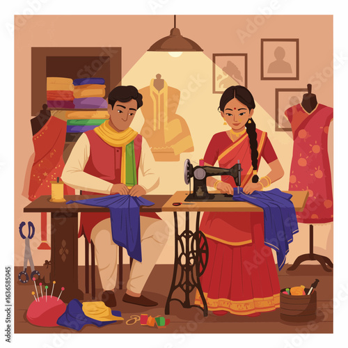 Indian Tailors Working in Local Workshop – Vector Art