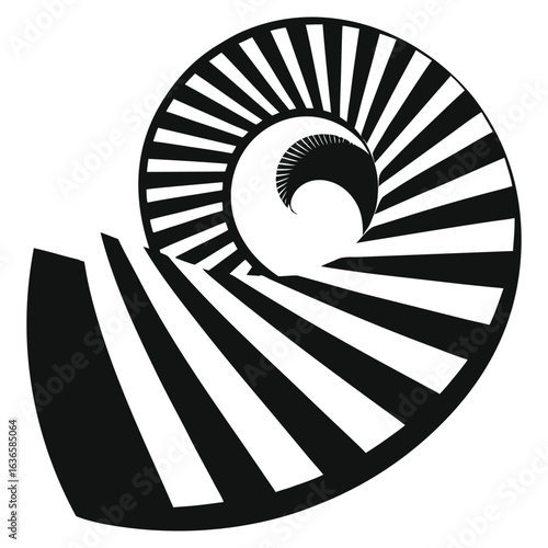 Abstract Spiral Staircase Top View with Curved Parallel Lines Black and White Vector