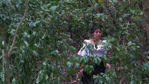 Indigenous woman exploring lush tropical forest