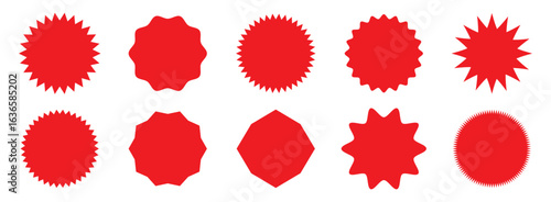 Set of red starburst, sunburst badges, Sale sticker, price tag, starburst icon set , Circle sticker set. Wavy edge promo red badges. Star burst shape tags for price. Red sale tag