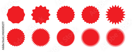 Set of red starburst, sunburst badges. Design elements - best for sale sticker, price tag, quality mark. Flat vector illustration isolated on white background.
