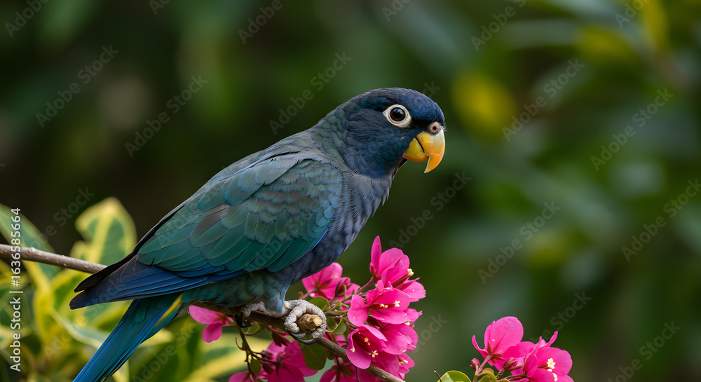 Obraz premium Dusky-headed parrot perched gracefully on a flowering branch with vibrant pink blossoms and a