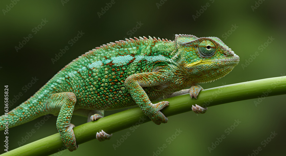 Obraz premium Vibrant chameleon resting on a green branch displaying its textured skin and striking colors