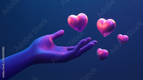 A glowing, purple-hued hand gracefully holds a pink heart, while another heart floats nearby in a dimly lit, dark blue-purple space, evoking a feeling of love.