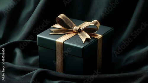 Luxurious gift box with satin ribbon and golden accents, presented in a studio setup. Symbolizing Brand Experience, Customer Retention, and Corporate Gifting for Luxury E-commerce and Loyalty Program