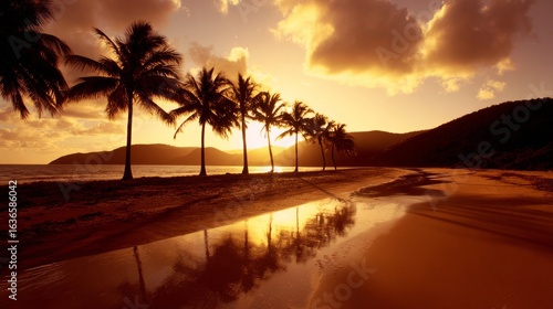 Tranquil beach scene at sunset with warm orange and gold hues, silhouetted palm trees,