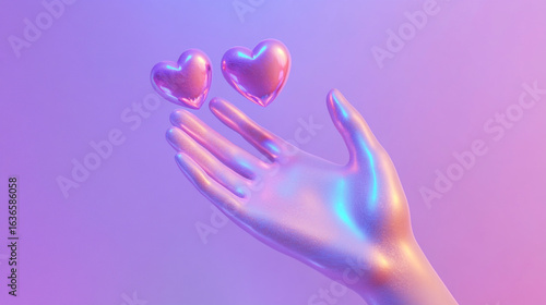 A glowing, purple-hued hand gracefully holds a pink heart, while another heart floats nearby in a dimly lit, dark blue-purple space, evoking a feeling of love.