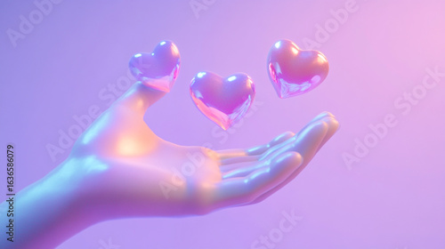 A glowing, purple-hued hand gracefully holds a pink heart, while another heart floats nearby in a dimly lit, dark blue-purple space, evoking a feeling of love.