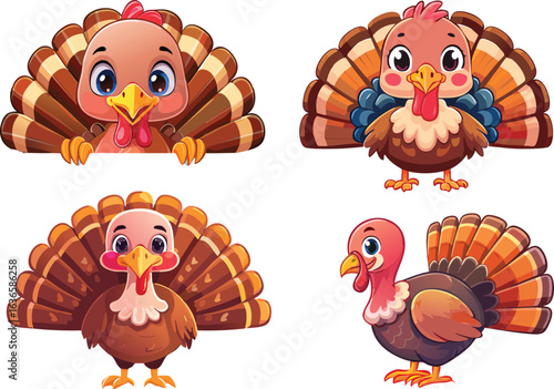 Adorable Chibi Style Thanksgiving Turkeys Illustration Vector Art