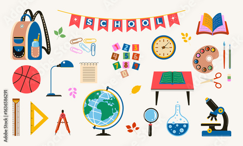 Bright set with vector school supplies, books, globe, backpack, rulers, Paints, brushes, pencils, basketball ball, microscopes and other stationery. Great for school materials and children s goods.