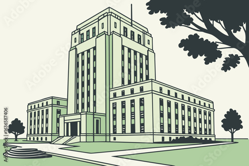 Rockford Illinois courthouse building with classic architecture and tree-lined lawn, modern flat illustration style