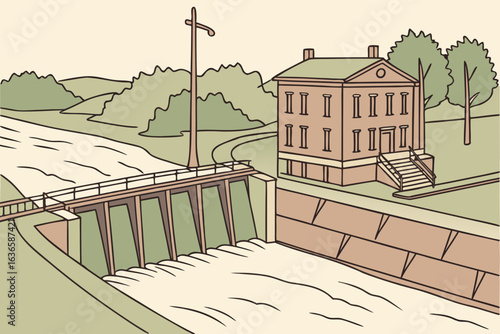 Town center of Galena, Illinois, protected by floodgates, while streets remain dry—visible dike and river restrained by infrastructure