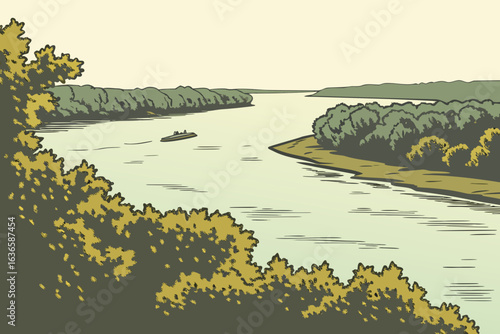 View of the confluence of the Mississippi and Ohio Rivers at Cairo Illinois, with tree-lined banks, modern flat illustration style