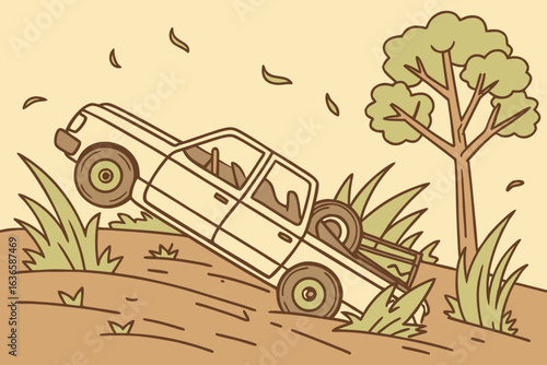Abandoned pickup truck covered in dust and debris after being overturned by an illinois tornado