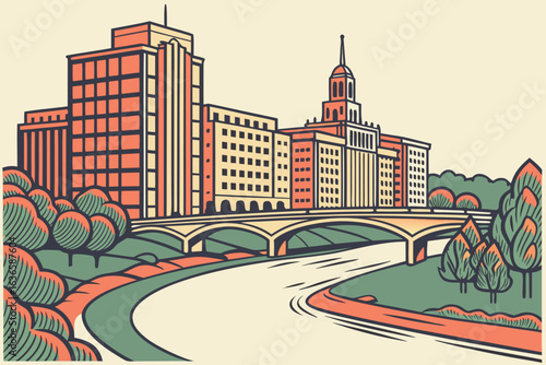 Downtown Rockford Illinois skyline with Rock River flowing through and bridges crossing, modern flat illustration style