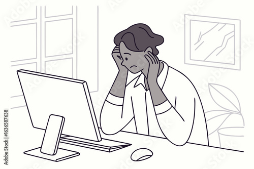 Frustrated worker checking unemployment claim status on the Illinois IDES website, modern flat illustration style